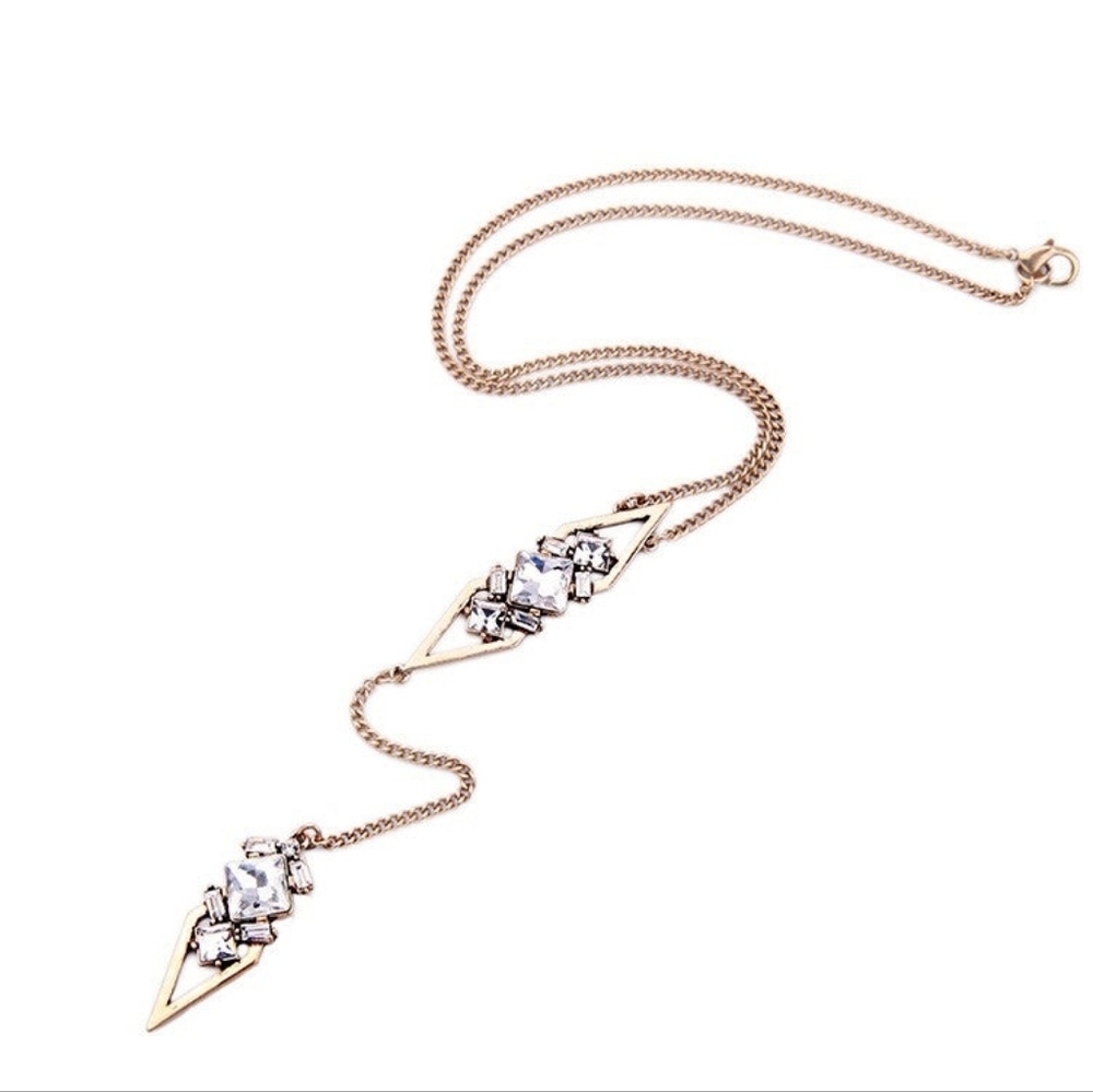 Geometric Marquis Lariat Necklace Set In Antique Gold Tone Metal- NEW - Picture 2 of 3